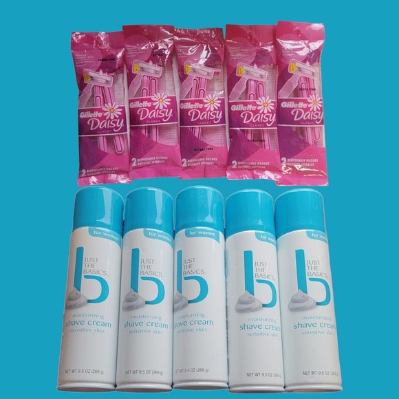 5 Just The Basics Moisturizing Sensitive Skin‎ Shave Cream 5 Gillette Razors - Picture 2 of 4